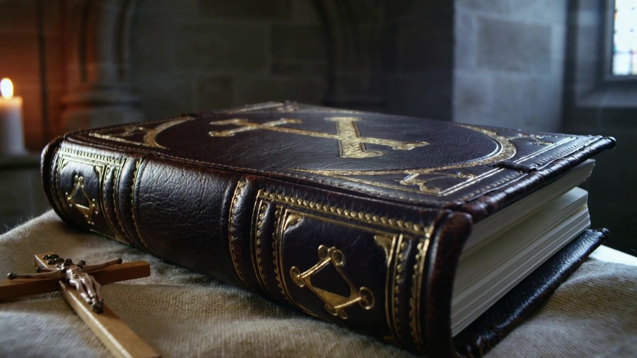 Telecamera che avanza rivelando un libro rilegato in pelle in una cappella di pietra, evidenziando una croce d'oro e un crocifisso