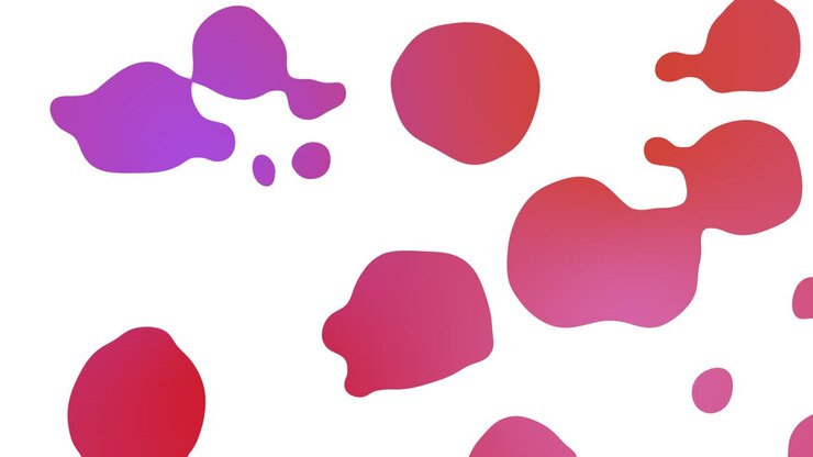 Bolle liquide arancioni, viola e rosa che si fondono su sfondo bianco