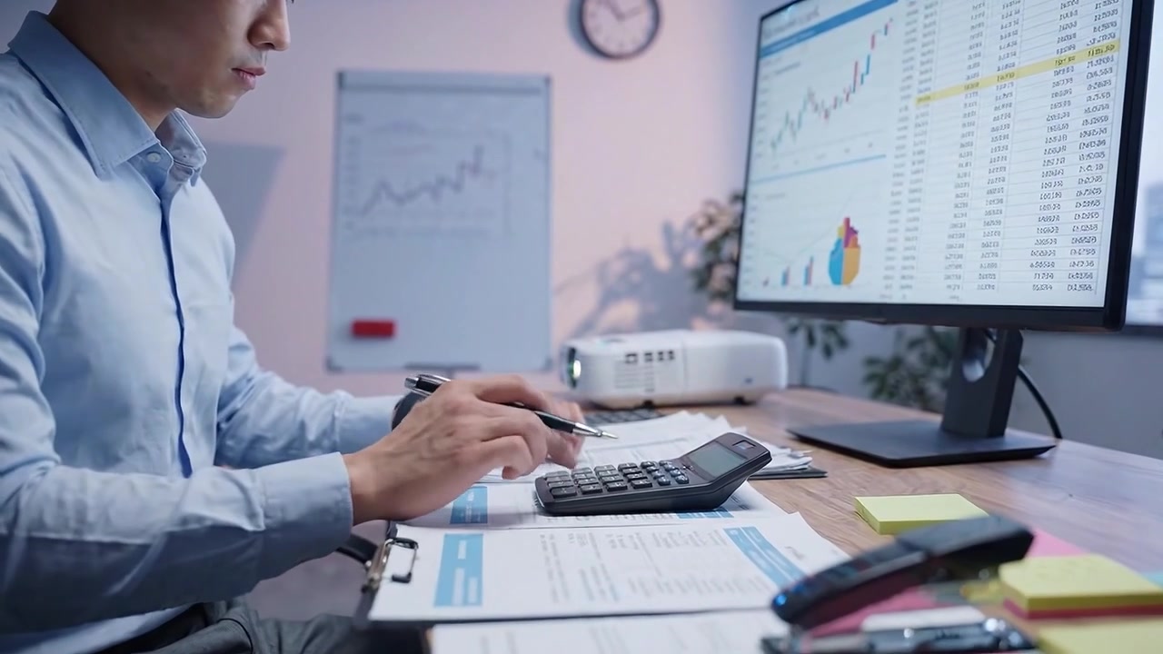 Professionista concentrato che analizza dati finanziari con calcoli e visualizzazioni in un moderno ambiente d'ufficio, con display e strumenti ad alta tecnologia.