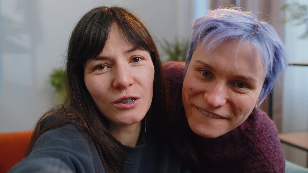 Pov shot of two young lesbian women smiling making selfie online video conference call on smartphone