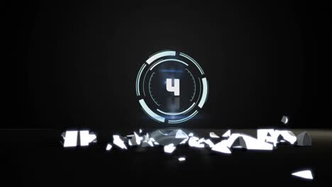 Countdown-on-round-neon-scanner-over-dollar-currency-symbol-falling-and-breaking-on-black-background