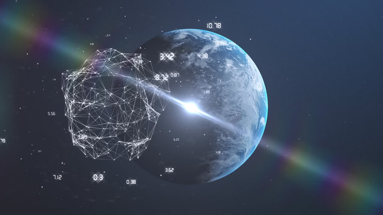 파란색 배경에 우주에서 지구에 대한 연결 네트워크의 지구촌의 애니메이션