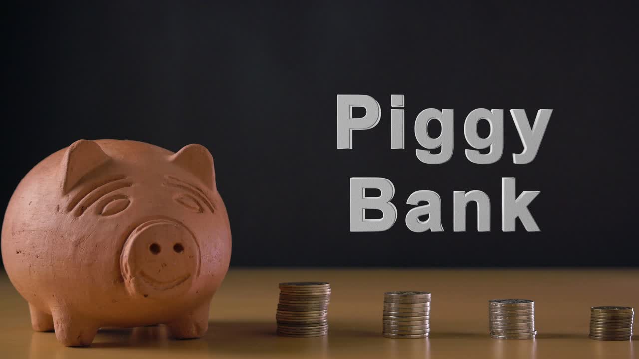 Piggy bank text and hand of a white man putting a coin in a clay piggy bank