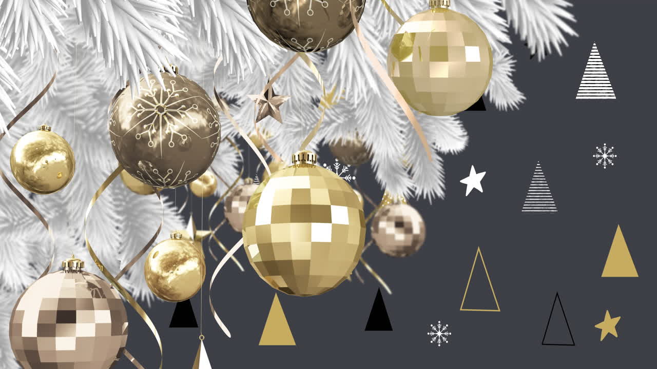 animación de la nieve cayendo sobre la decoración de navidad con bolas