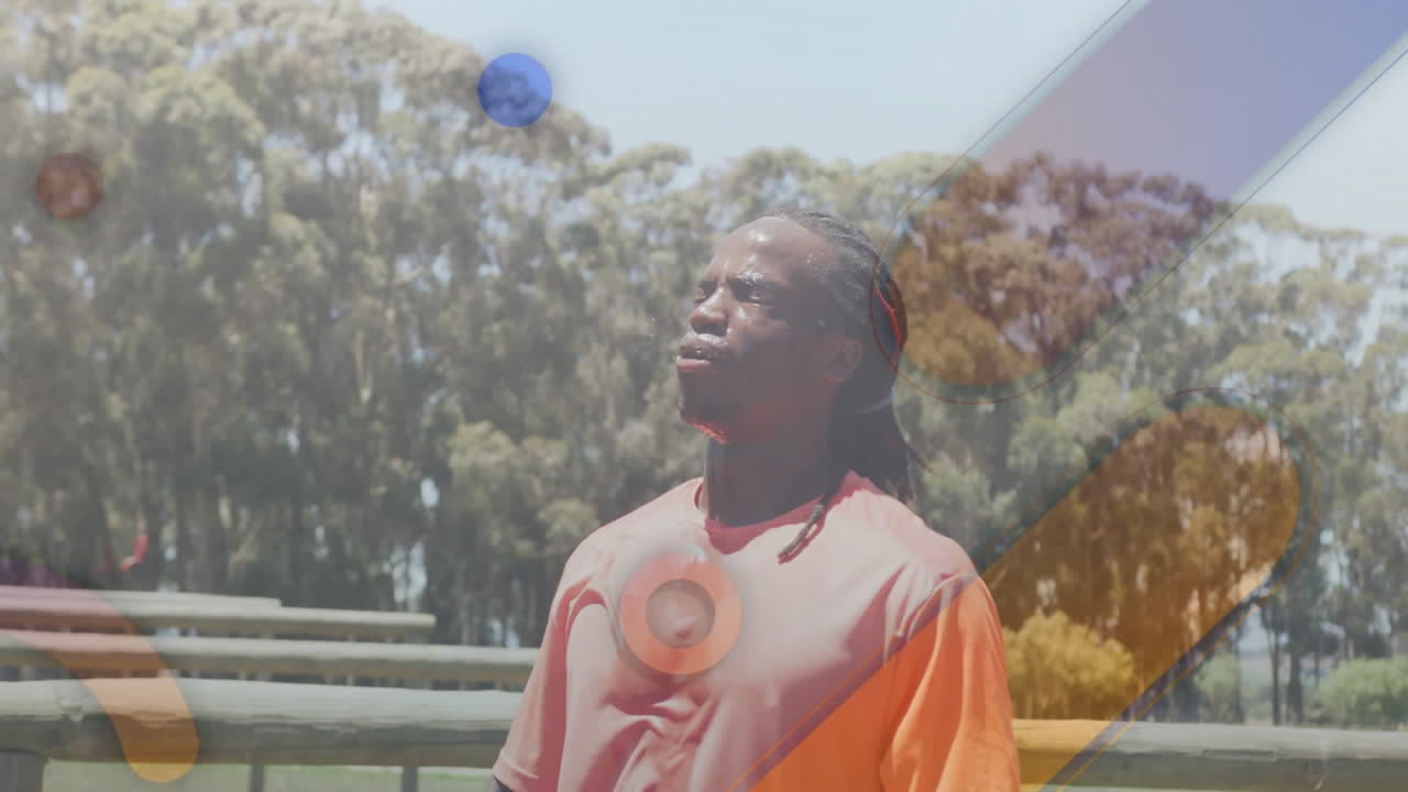 Man pausing for hydration in park, showing animated fitness data chart and water icon