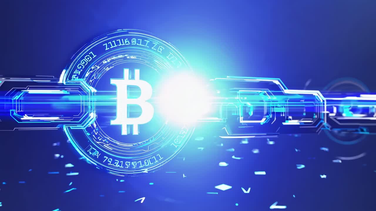 Futuristic video concept of blockchain technology with a digital Bitcoin symbol