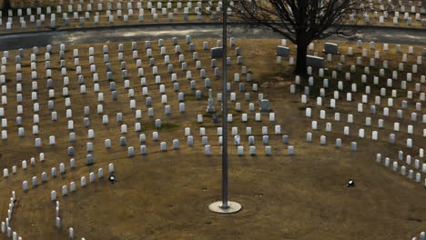 ascending drone shot of large american military cemetery in fayetteville with american flag on flagpole - establishing drone shot