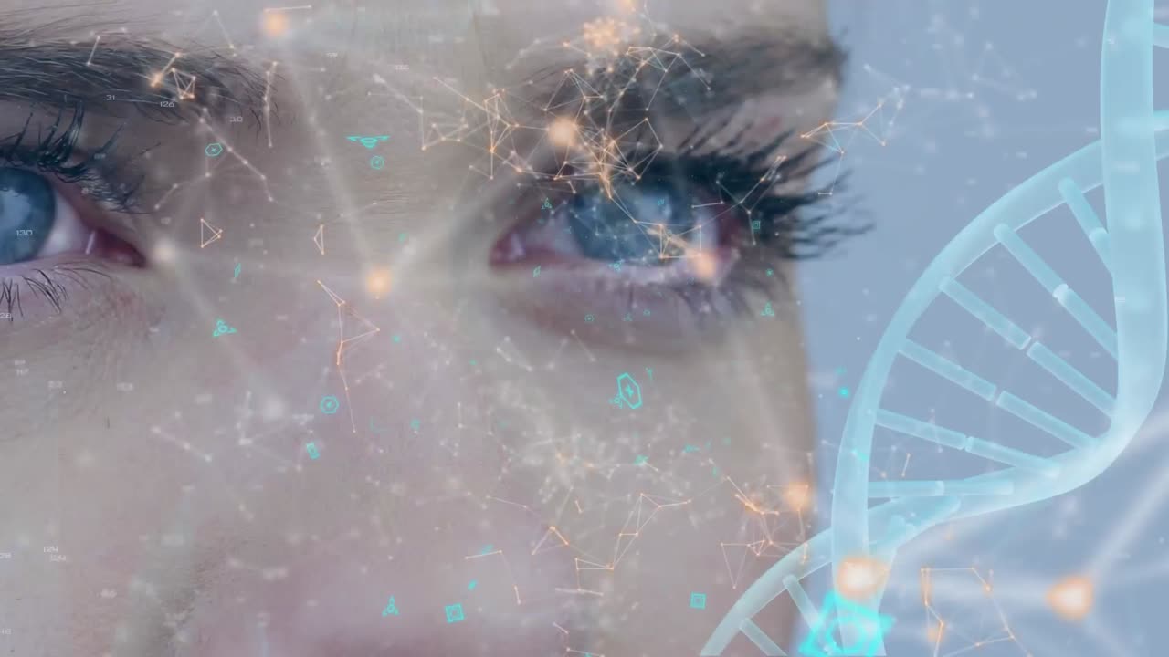 Olhos de uma mulher e dupla hélice de DNA com linhas assimétricas e símbolos futuristas