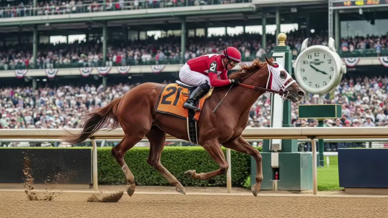 Jockey and Racehorse Galloping Towards the Finish Line at a Crowded Racetrack