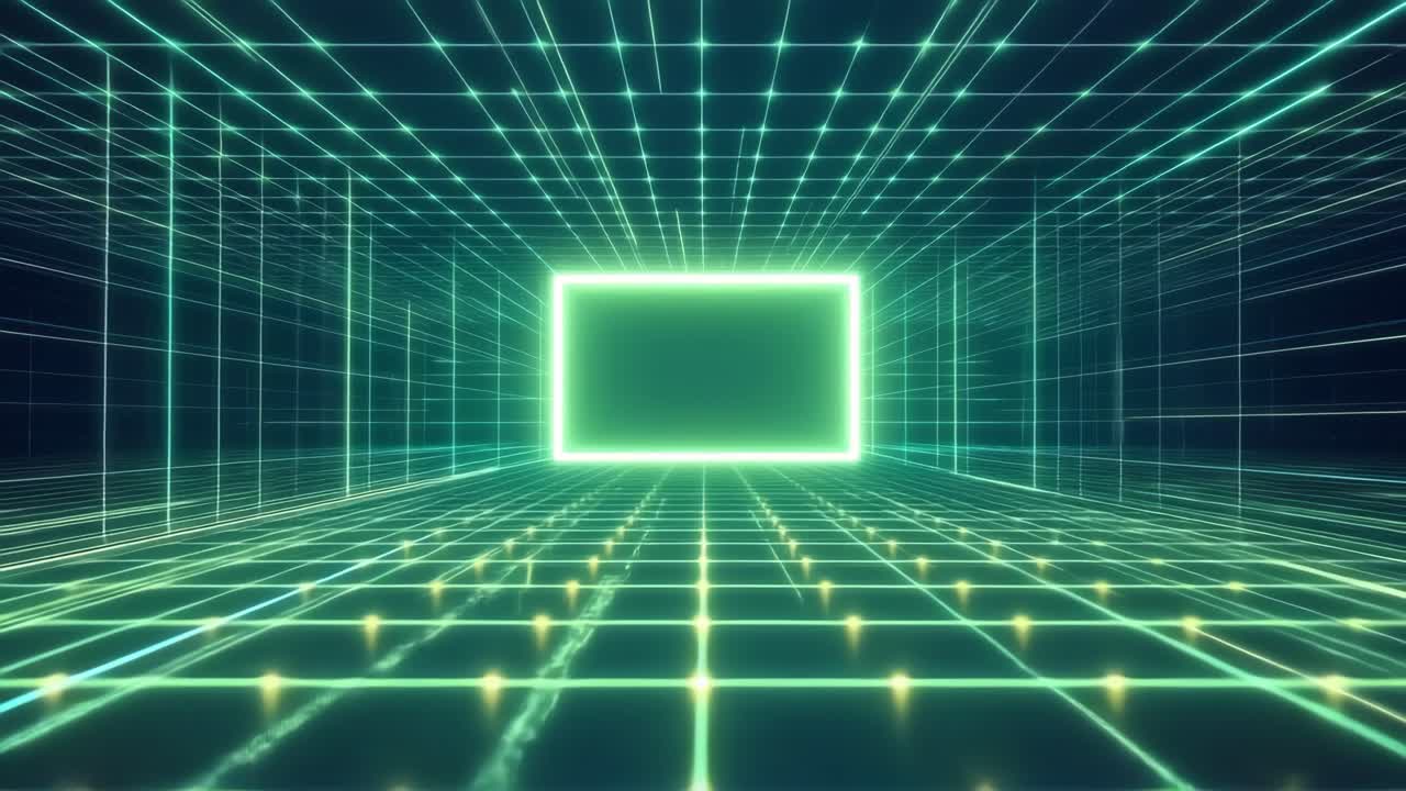 Futuristic digital grid room with neon lines, viewed from a central angle