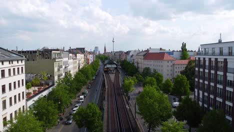 panorama from public transport in station of elevated train tv tower