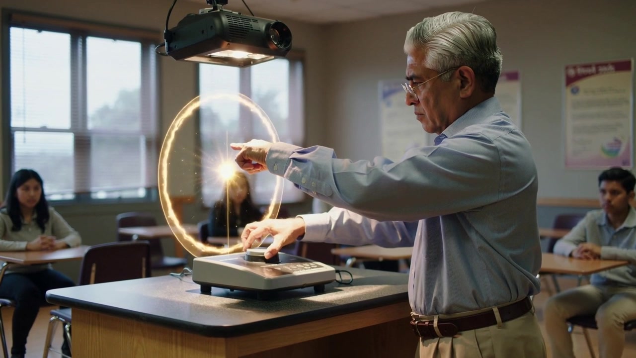 Colocando la mano cerca del proyector, un/a profesor/a con camisa azul mostrando un anillo brillante en un aula, con espacio para texto.