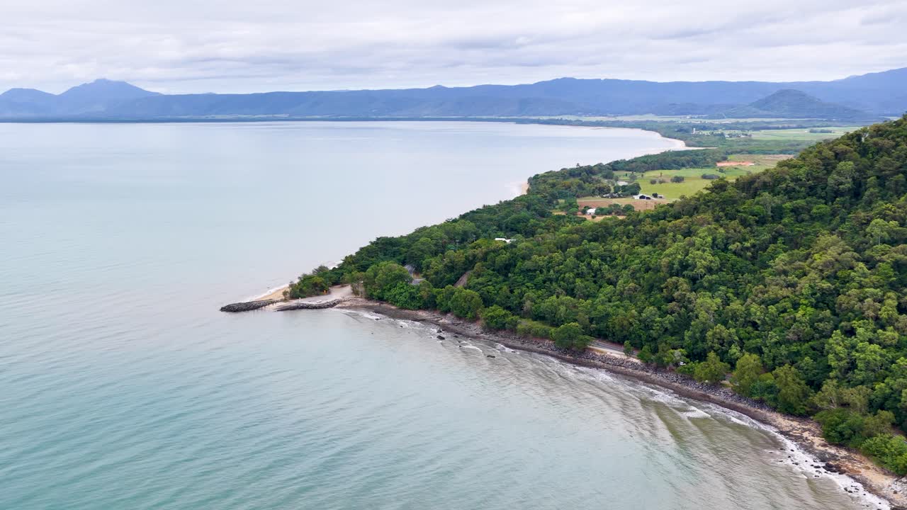 Drone footage captures the lush Daintree Rainforest meeting the serene coastline under soft daylight