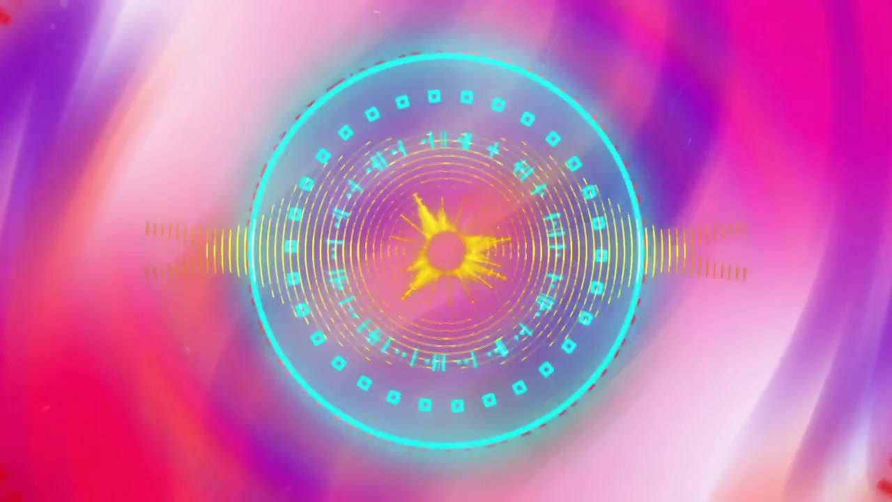 Barre d'onda concentriche che pulsano attorno a un anello giallo, formando una visualizzazione animata su un gradiente viola.
