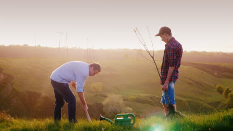 a father and his teenage son plant a tree together