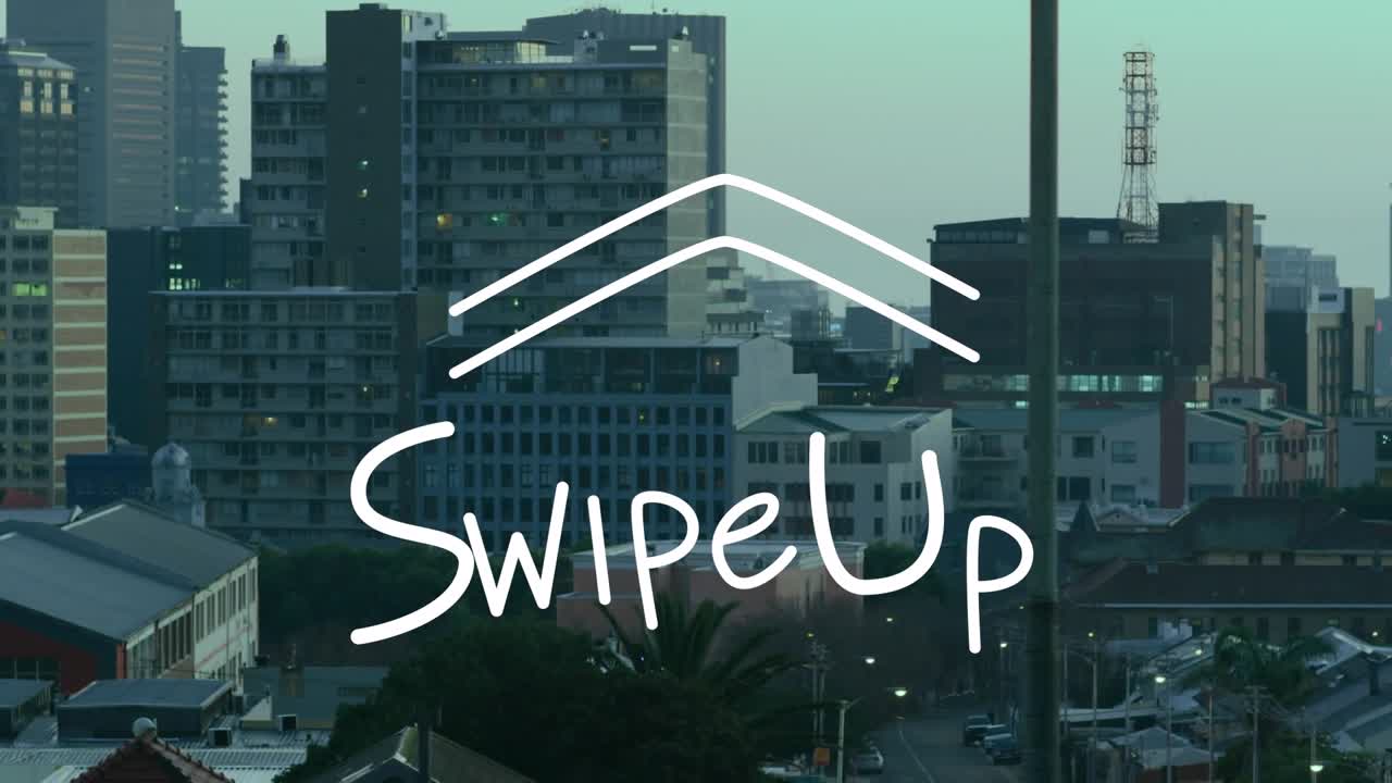 Animation of swipe up text banner against aerial view of cityscape
