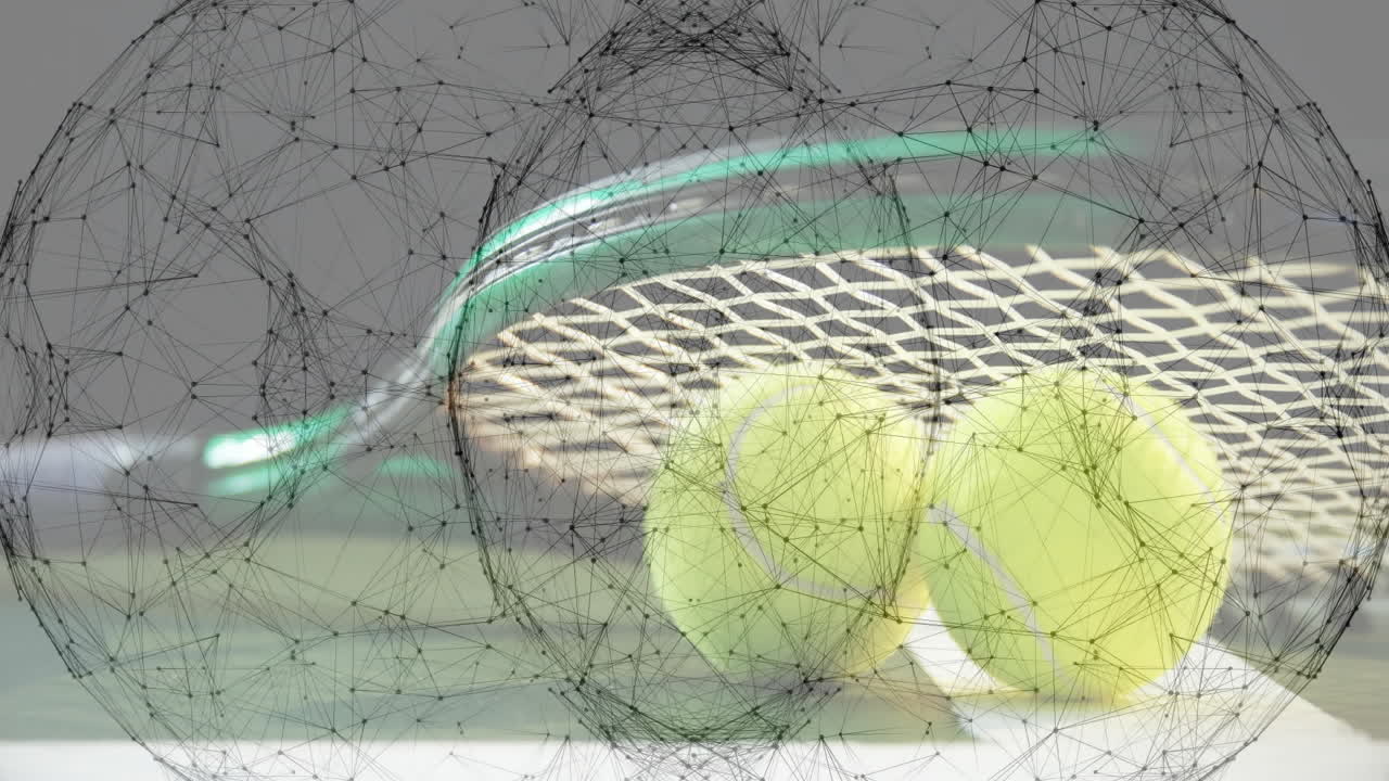 Animated illustration showing tennis racket leaning on court with two yellow balls in flat design