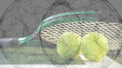 animated illustration showing tennis racket leaning on court with two yellow balls in flat design