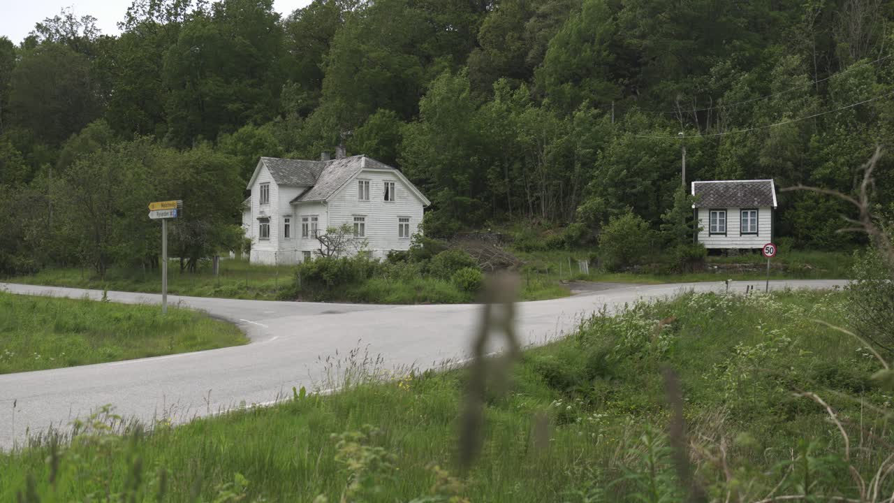 Traditional Wooden House In A Scandinavian Village In Norway. Static Shot