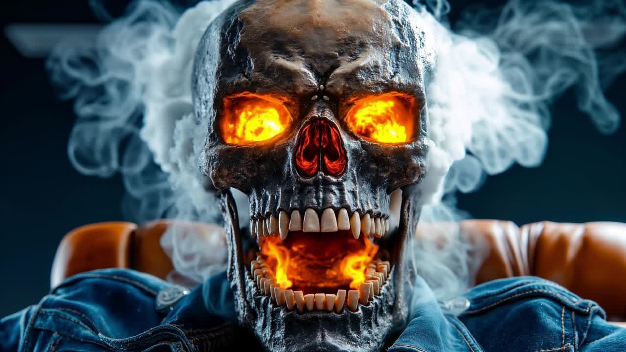 un cráneo con llamas saliendo de su boca