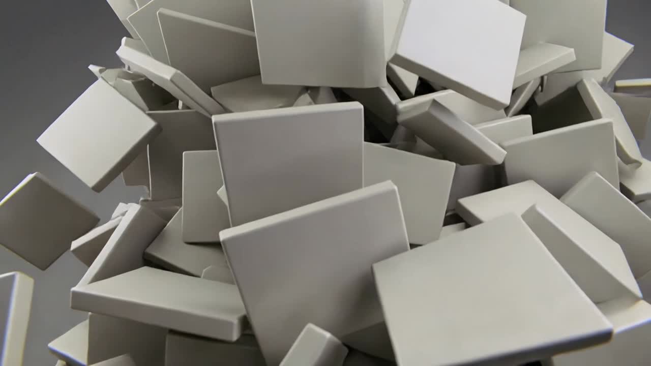 Flowing column of gray blocks cascading, camera moving forward revealing rotating tiles for design