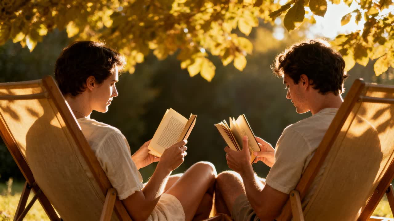 Inclinando libros para captar la luz, pareja en pantalones cortos leyendo en tumbonas mientras la luz del sol se filtra entre las hojas.
