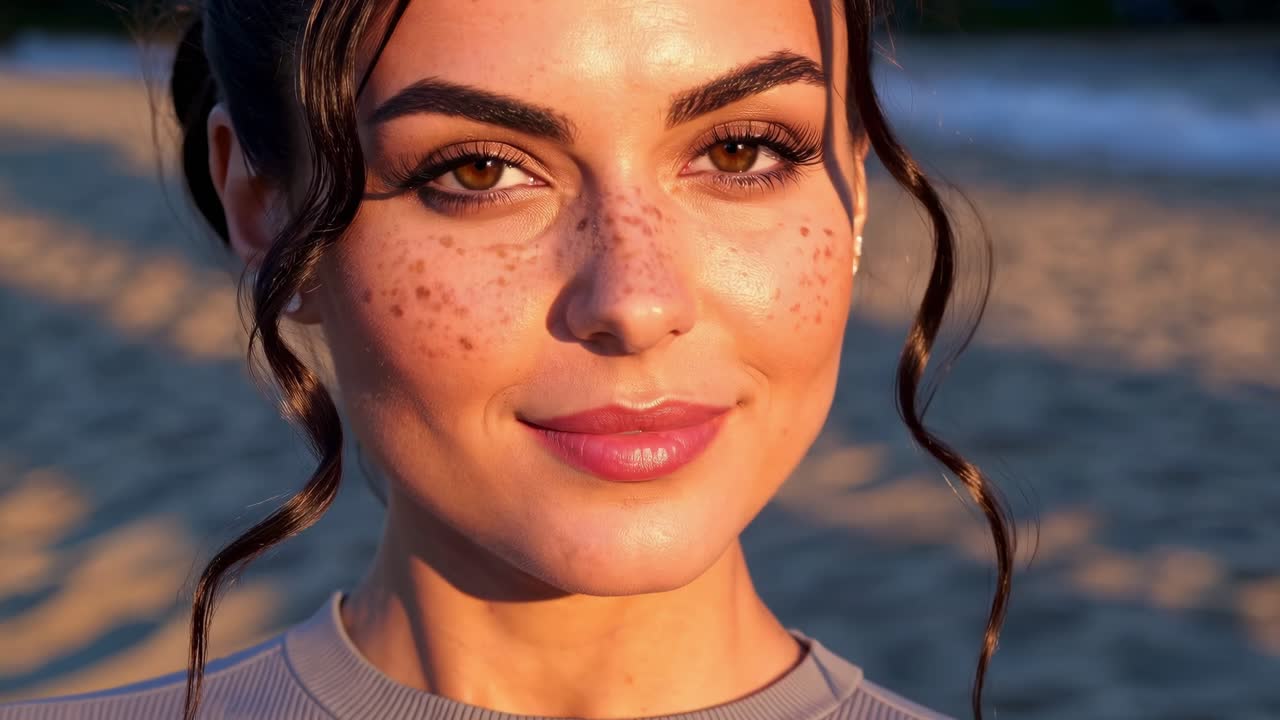 Portrait of a young woman with freckles and curly hair smiling on a beach with the warm light of the sunset illuminating her face, creating a serene and beautiful scene