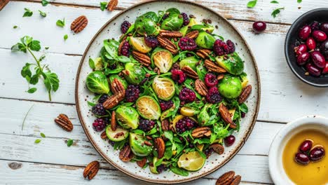 delicious brussels sprouts salad with pecans, berries, and citrus