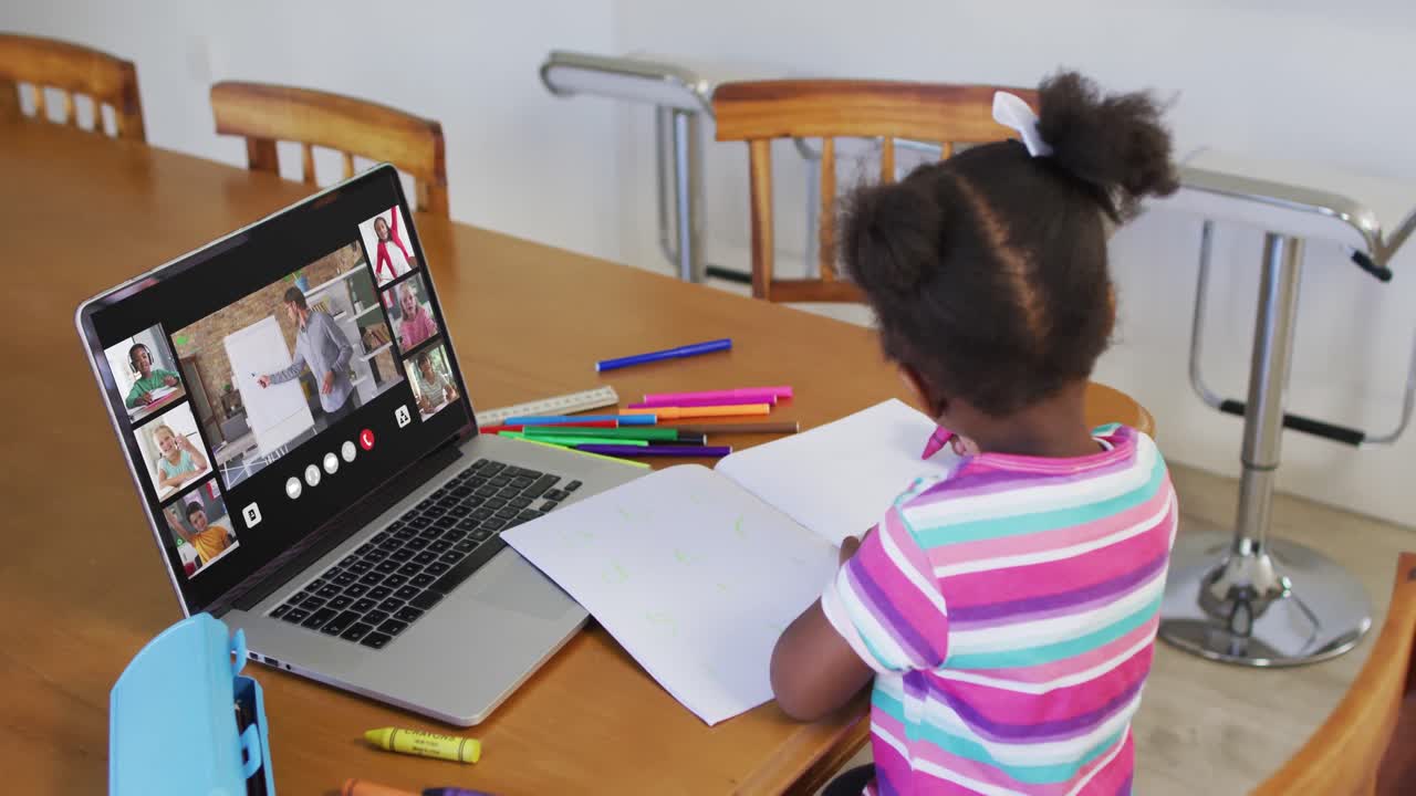 Schoolgirl using laptop for online lesson at home, with diverse teacher and class on screen