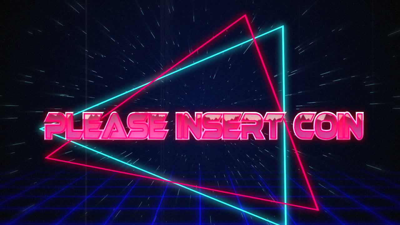 por favor inserte texto de moneda retro glitching sobre triángulos azules y rojos en efecto de hiperespacio blanco