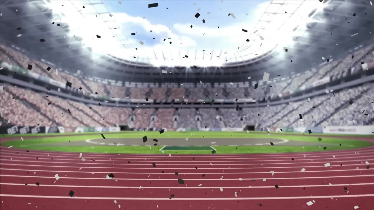 animación de confeti cayendo sobre el estadio deportivo