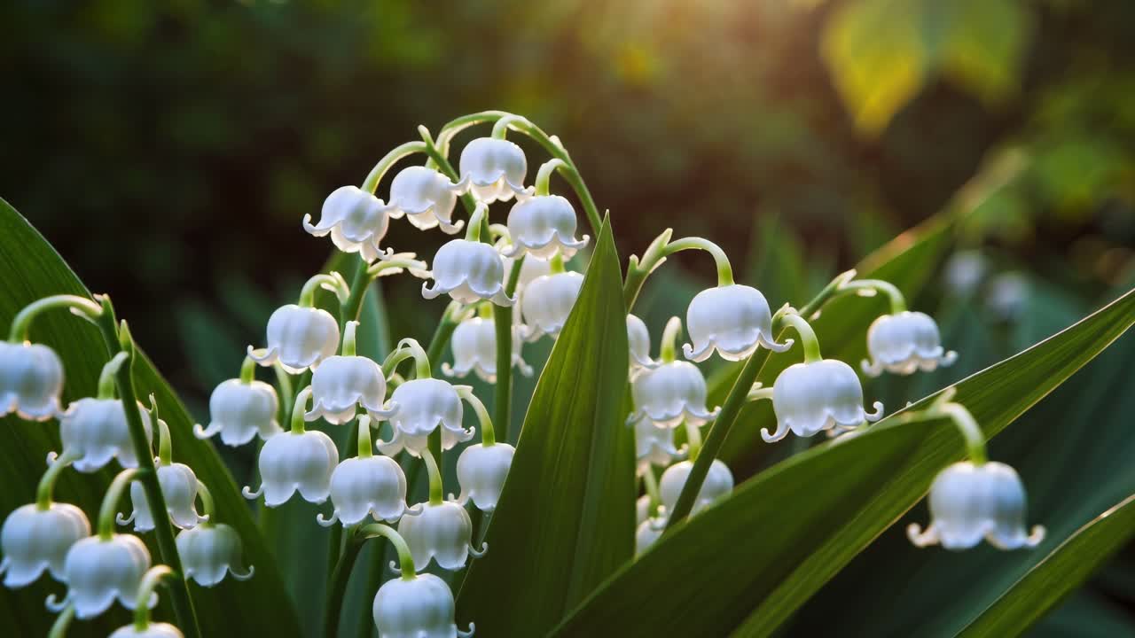 Primo piano di fiori di mughetto con bokeh di luce solare sullo sfondo, ripreso da una bassa angolazione.