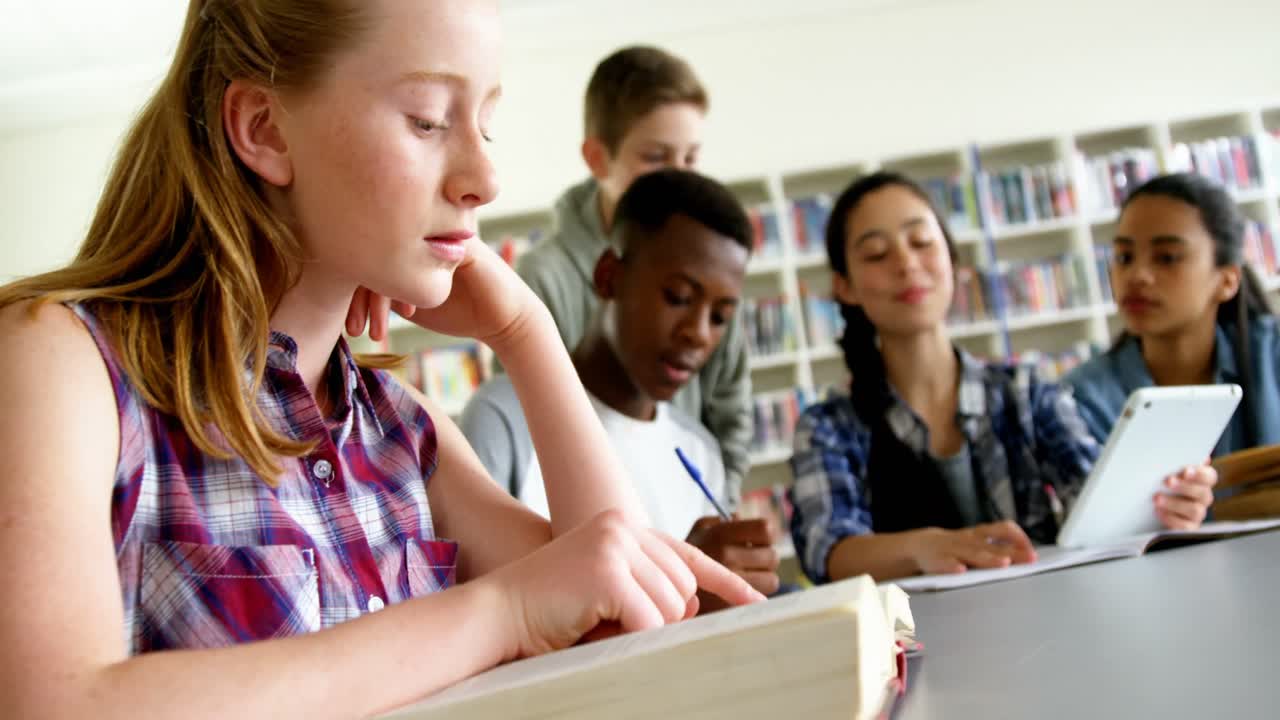 Schoolkids studying in library 4k