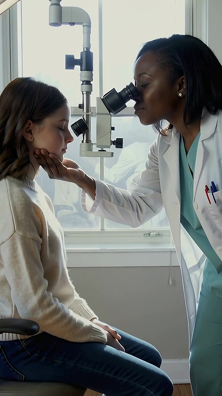 Vertical video: Reaching doctor in coat scrubs holding chin in exam to inspect eye