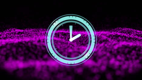 animación digital de reloj digital de neón haciendo tictac contra ondas digitales púrpuras sobre fondo negro