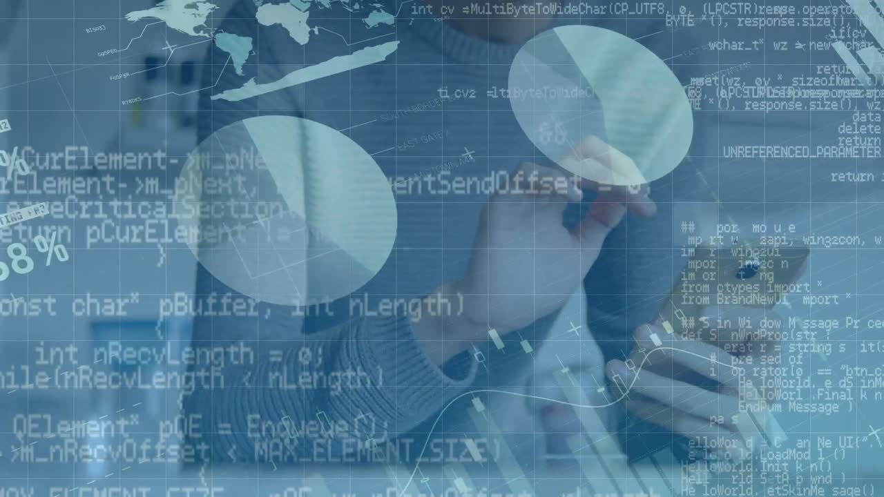 animación de datos financieros sobre las manos de un hombre biracial usando un teléfono inteligente