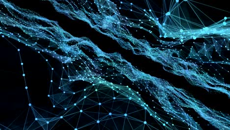 blue geometrical shapes and webs of connections against black background