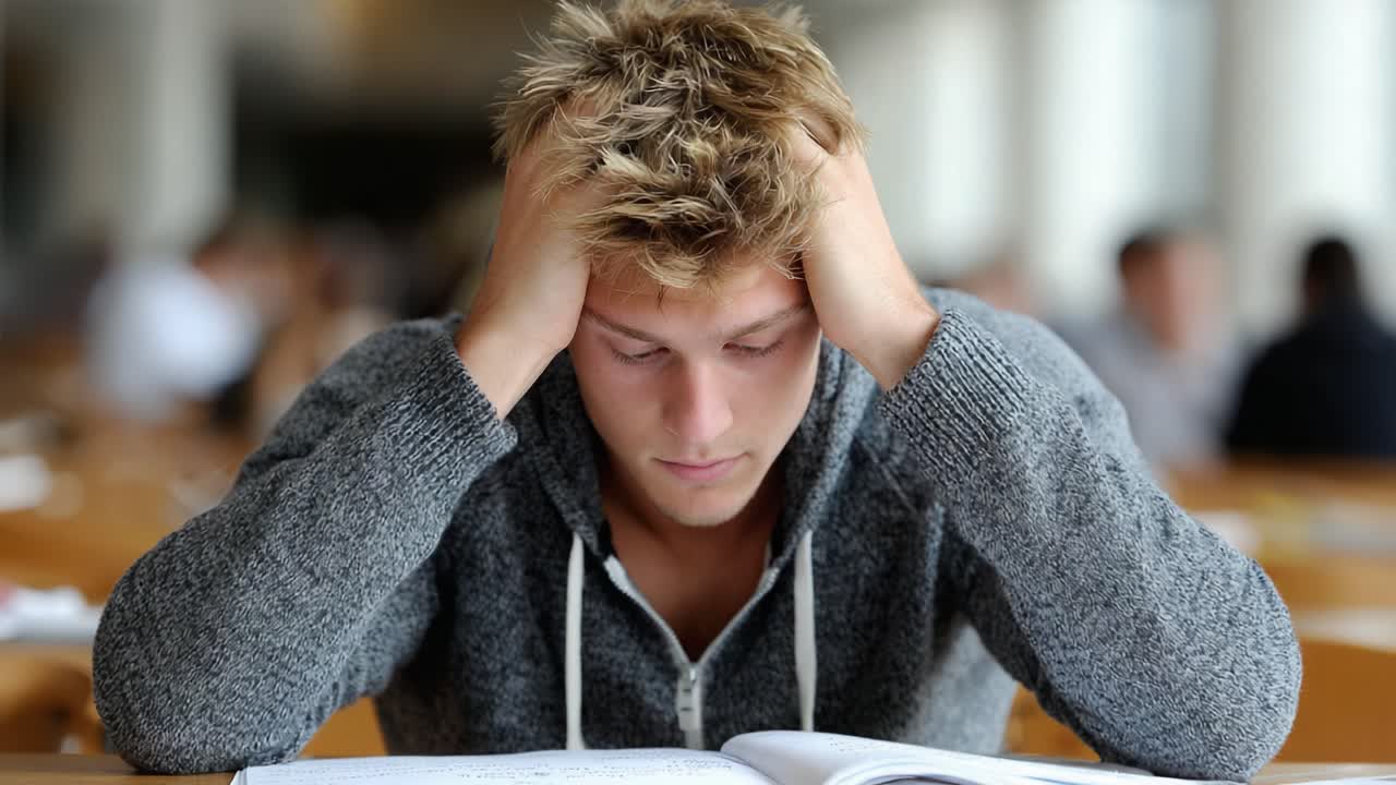 Uno studente frustrato alle prese con lo studio mentre si prepara per esami importanti in un ambiente di biblioteca affollato, pieno di colleghi e sfide accademiche