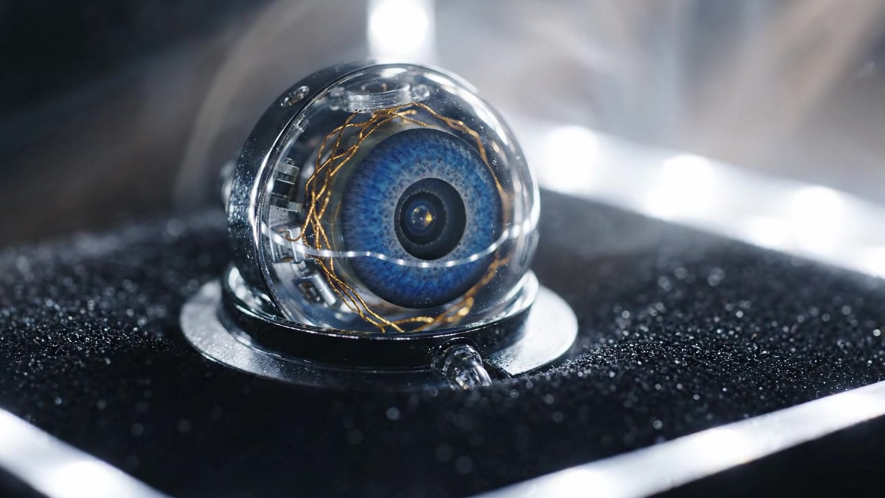 Et nærbillede af et futuristisk kunstigt øje med indviklede blå mønstre, indkapslet i en gennemsigtig sfære, elegant udstillet på en mørk overflade