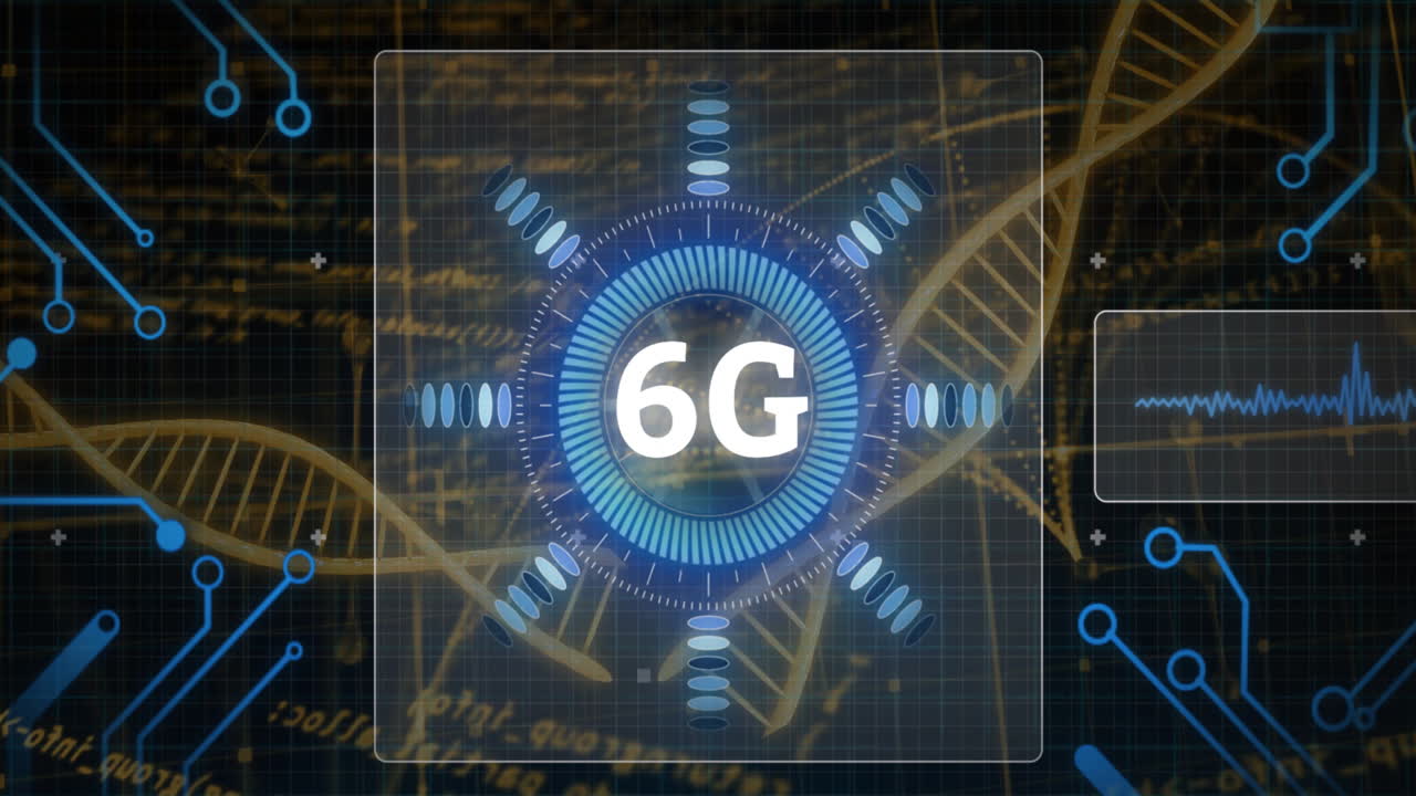 Animation of 6G technology concept with digital interface over DNA strand background