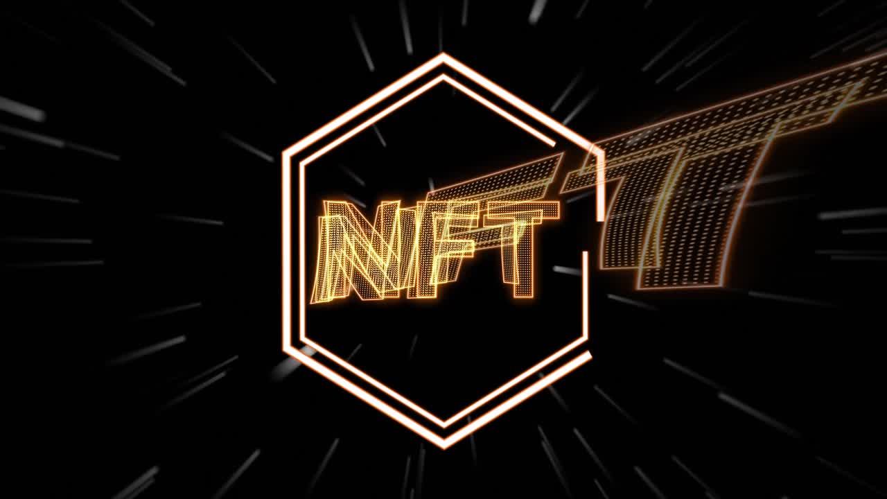 animazione di simboli di criptovaluta nft che si muovono su sfondo nero