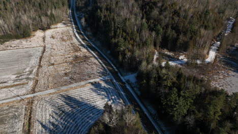 paso elevado de drones camino remoto con bosque denso durante el invierno