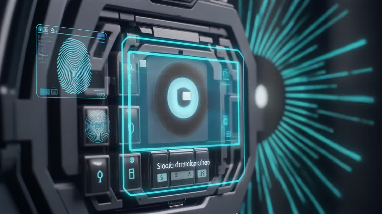 Human Finger Scans Biometric Fingerprint on Futuristic Digital Device