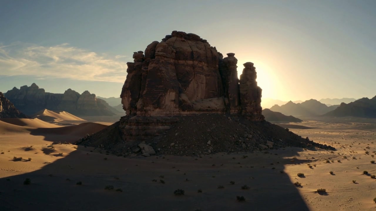 Inquadratura panoramica che mostra un butte di arenaria nel deserto mentre il sole basso scivola dietro, proiettando una lunga ombra.