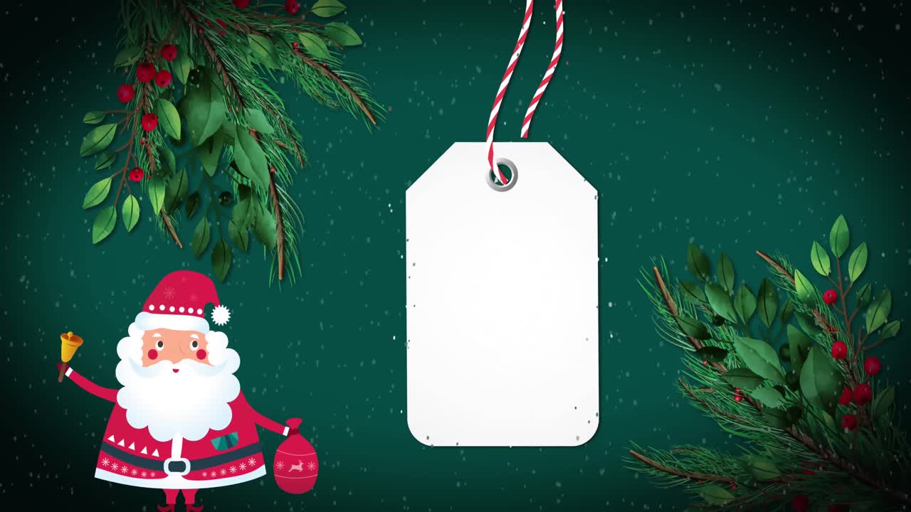 animación de la etiqueta de navidad con espacio de copia, santa claus y nieve cayendo sobre fondo verde