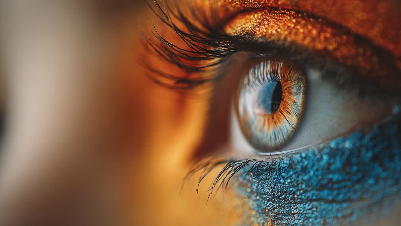 Captivating Close-Up of a Hypnotic Eye: An Artistic Vision Enhanced with Glittering Orange and Blue Makeup, Showcasing the Intricate Details of the Iris and Eyelashes