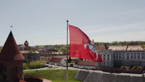 lithuania's state flag near kaunas castle. aerial