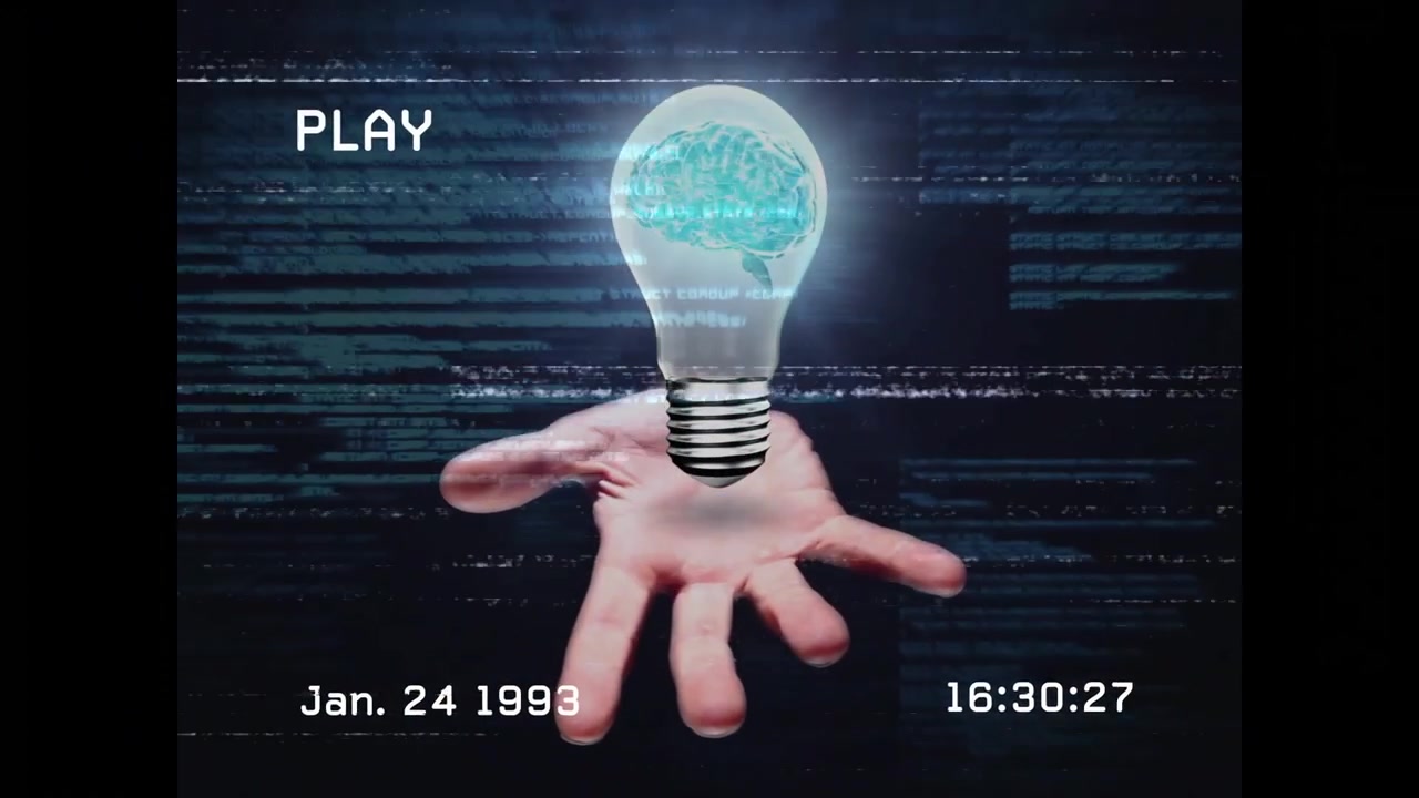 Static noise starting hand rising, forming brain bulb demonstrating AI with timestamp updating