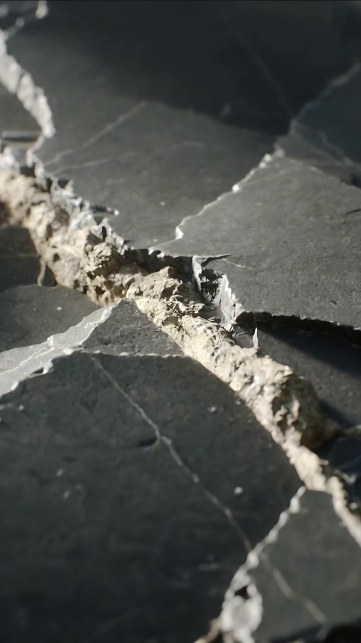 Vertical video: Shifting camera showing cracked dark tile with fissure in room, exposing dust