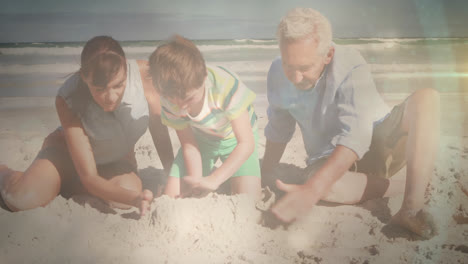 animation of glowing light over happy senior man with his daughter and grandson by seaside